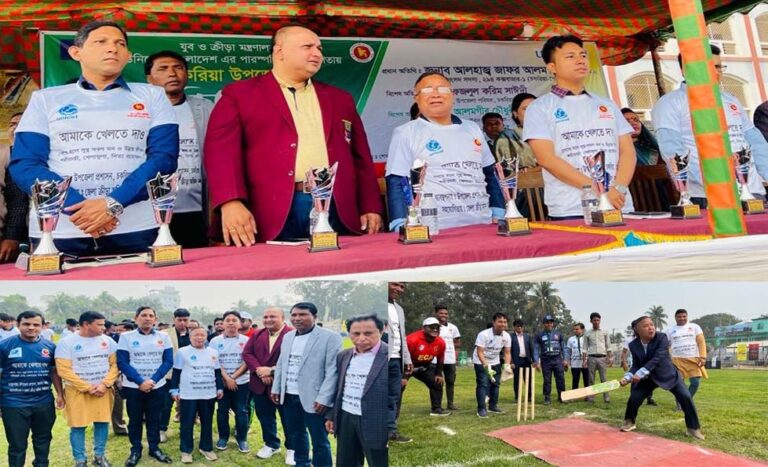 পাঁচ ইভেন্টের প্রতিযোগিতার মধ্যে ক্রিকেট খেলে শুভ উদ্বোধন করছেন এমপি জাফর আলমসহ অতিথিরা।